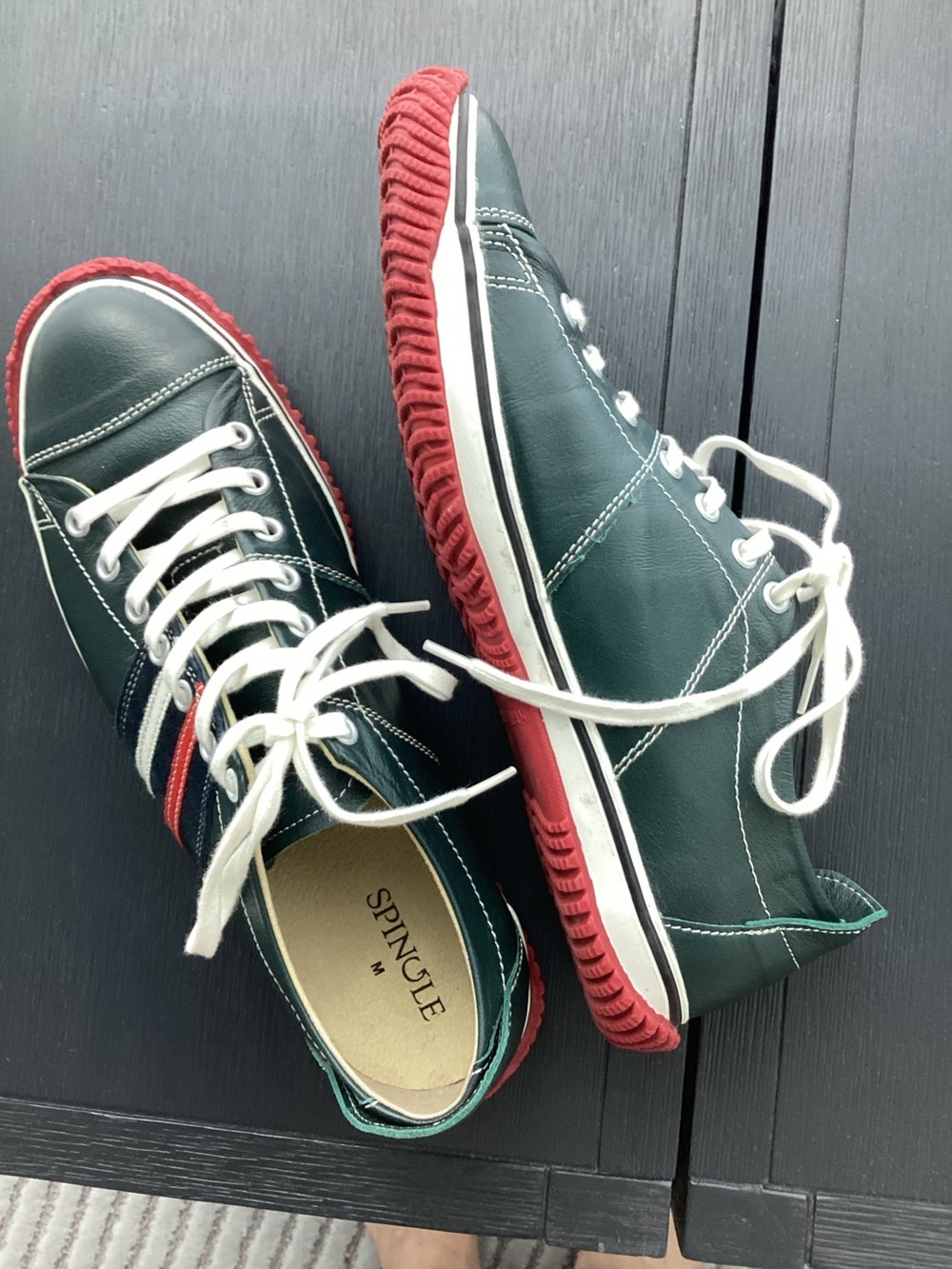 Single unisex navy Kangaroo leatherSneakers with Red Outsole